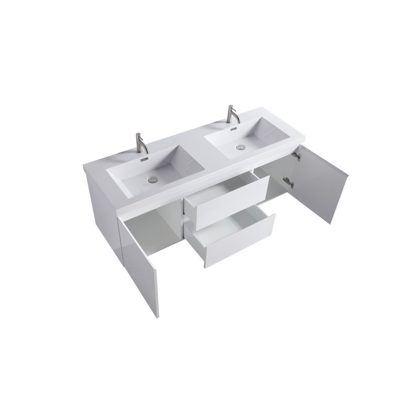 60" White Double Sink Floating Vanity with Resin Top