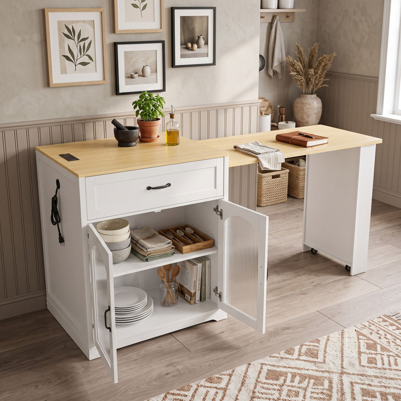 Table de cuisine extensible avec station de recharge intégrée, rangement pour bouteilles de vin et tiroirs, Blanc naturel