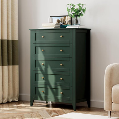 Commode haute 5 tiroirs avec rangement profond et boutons en métal, commode laquée noire pour chambre à coucher et couloir