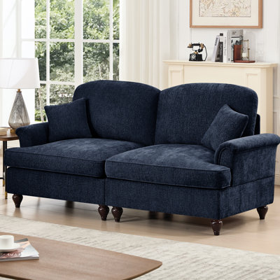Élégante causeuse à deux places en chenille bleue Mid-Century avec volants amovibles, jupes plissées, accoudoirs évasés et pieds fuselés pour le salon