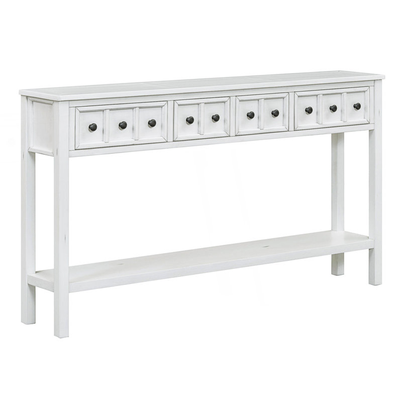 Console rustique pour l'entrée, canapé long avec 2 tiroirs et tablette inférieure, Blanc antique