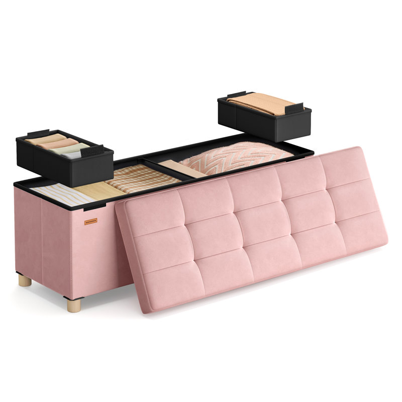 110cm Wide Velvet Tufted Rectangle Solid Colour Standard Ottoman with Storage, Pink