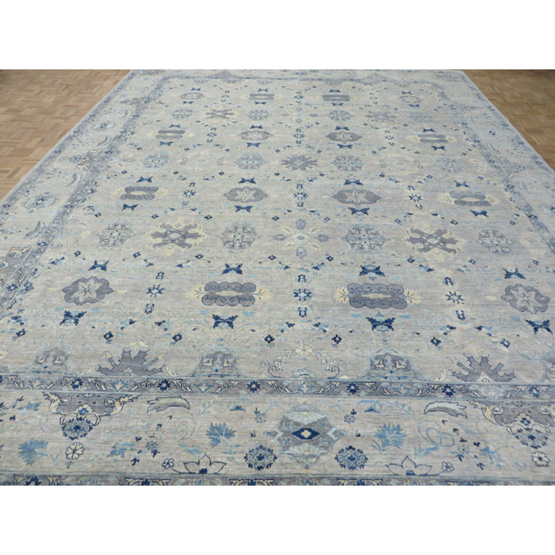 Tapis gris en laine noué à la main de conception unique 11 pi 10 po x 14 pi 9 po Aslihan