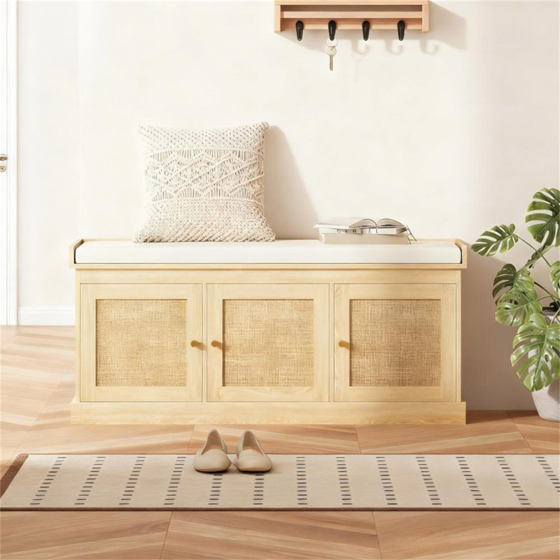 Banc de rangement pour chaussures avec portes en rotin tissé, banc pour chaussures, Cream White/Oak