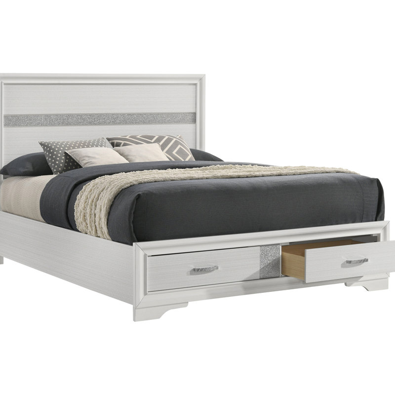 Grand lit à panneau blanc avec compartiments intégrés et poignées à tirer confortables, stratifié en papier aggloméré pour le rangement dans la chambre à coucher, avec poignée de tiroirs