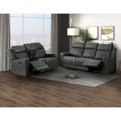 Ensemble 2 pièces: canapé et causeuse inclinables avec console, microfibre polie gris anthracite