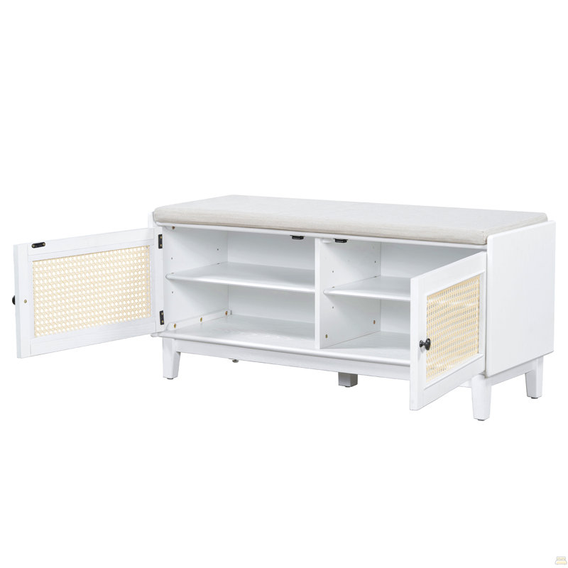 Trexm Boho Rattan Entryway Bench With Storage, Cushioned Shoe Bench With Double Doors, Wooden Shoe Organizer Bench For Entryway And Hallway (White)