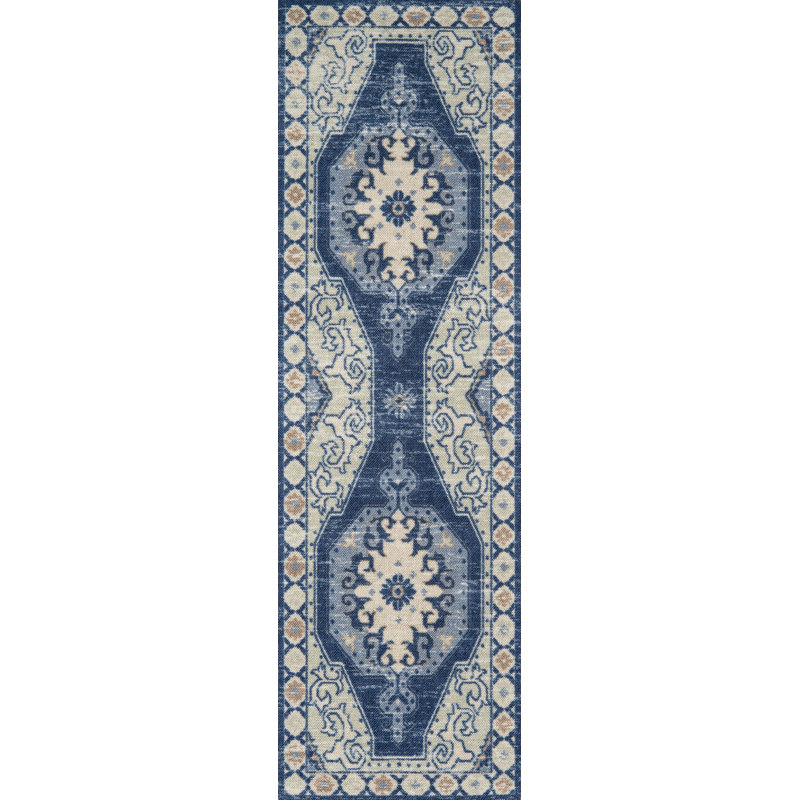 Denya Oriental Wool Navy/Ivory Area Rug, Runner 2'3" x 7'6"