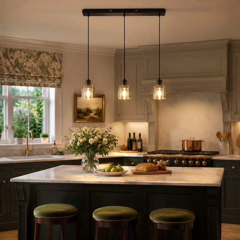 3-Light Kitchen Island Pendant, Matte Black Amber