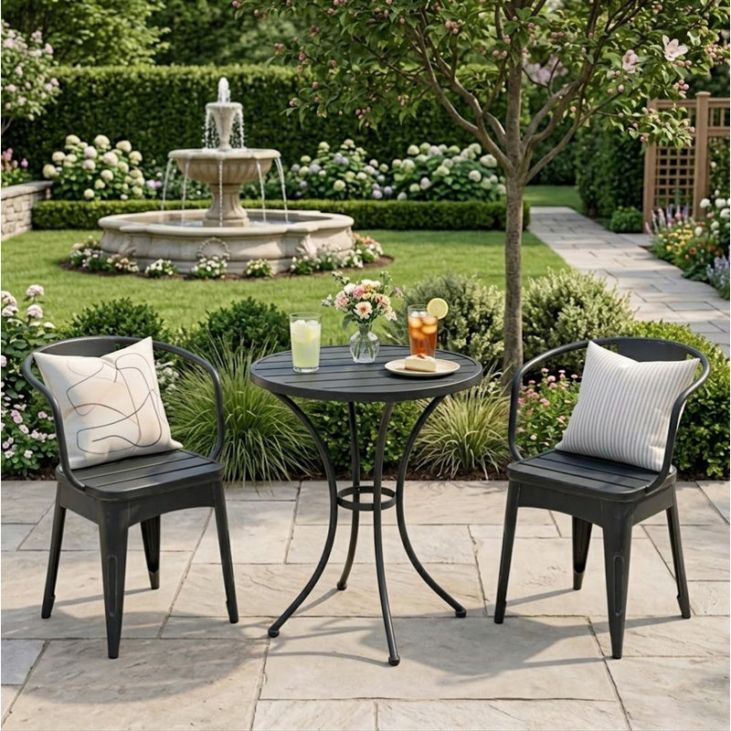 Modern Iron Bistro 3 Piece Bistro Set with Round Table and 2 Armchairs for Patio Balcony Porch Poolside, Black
