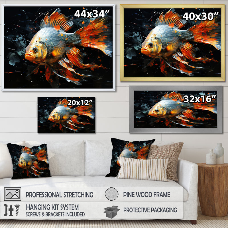 «Orange Butterfly Fish Ocean Dance I», art mural poisson papillon, Cadre doré à coins fermés, H 12 po x l 20 po x P 1 po