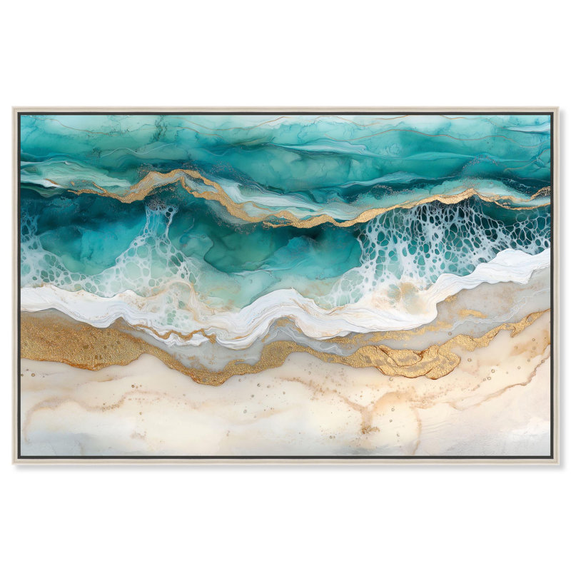 Toile dorée, motifs côtiers abstraits par Art Remedy, Encadrement argenté, H 31 po x l 46 po x P 2 po