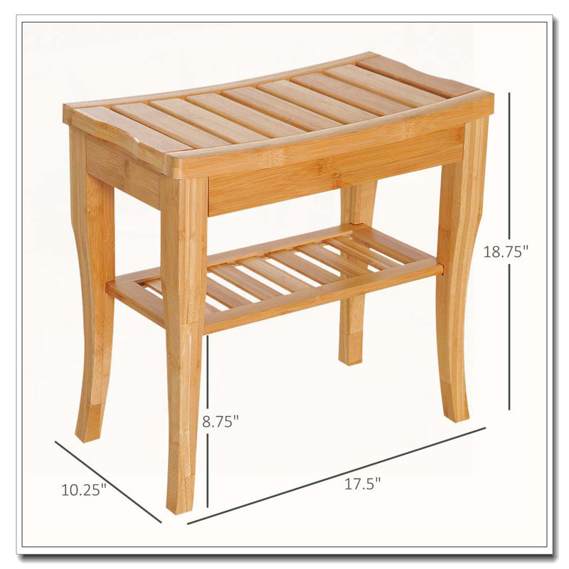 Long banc de douche en bambou avec tablette de rangement