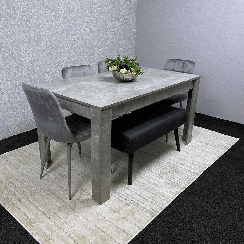 Dining Table and 4 Velvet Chairs With 1 Bench Dining Set Furniture, Grey, Stone Grey, 75cm H x 140cm L x 80cm W