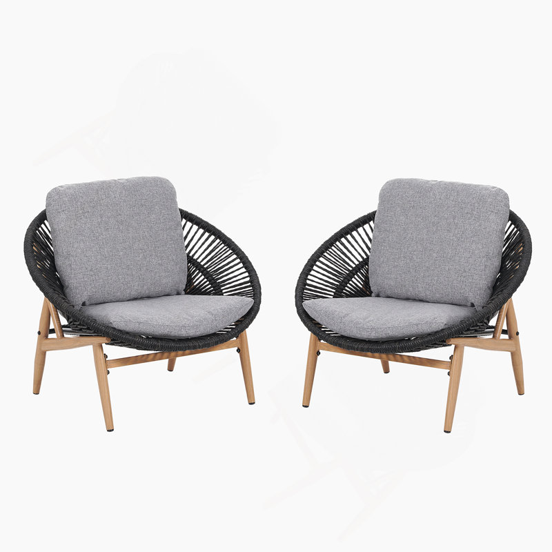 Chaise longue d'extérieur en osier de style Papasan, osier avec coussin, ensemble de 2, Gris foncé, Gris foncé / teck
