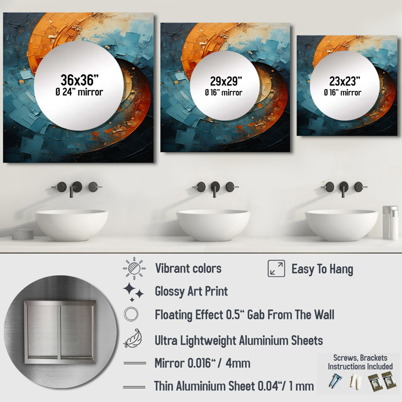 Décoration murale orange abstraite spirale abstraite I - grand miroir carré carré pour chambre à coucher, 36 po x 36 po
