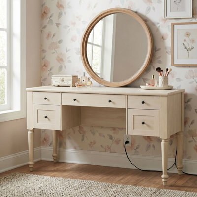 Meuble-lavabo beige avec 5 tiroirs, station de charge, armoire arrière et tablette ouverte, sans miroir, 56 po