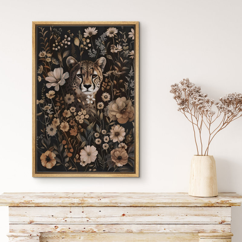 Animals In Flowers " Leopard Cheetah Moody Gothic Animals Dark Floral Botanical Artwork Paintings ", 36" H x 24" W, Natural 
