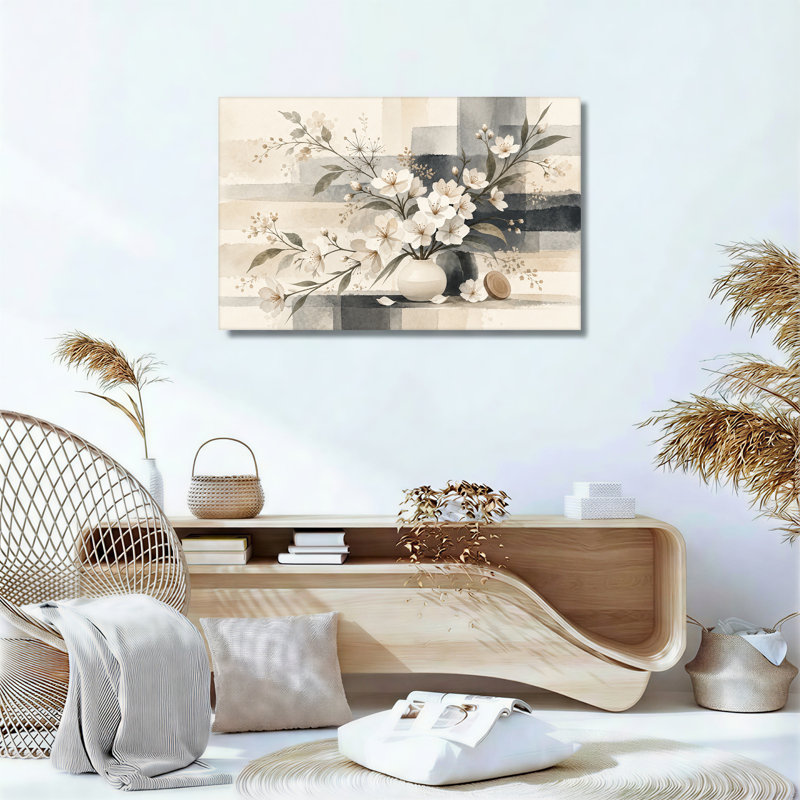 Art mural sur toile, bouquet de fleurs blanches dans des tons neutres, H 36 po x l 48 po
