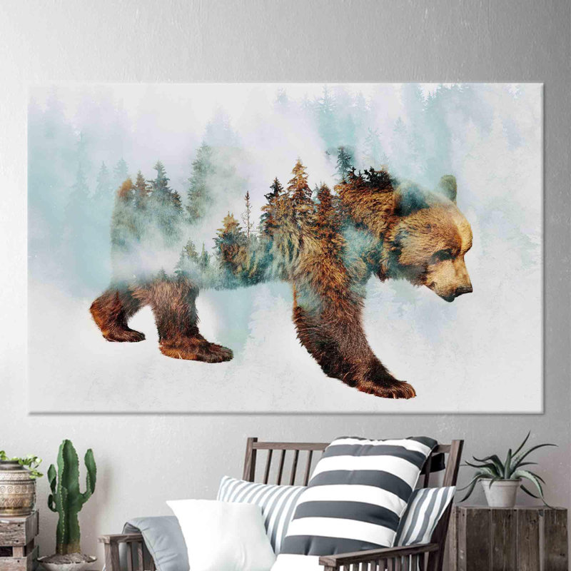 Bear Walking in Snow Canvas Print Featuring Abstract Forest Artwork Perfect for Wedding Decor or Personalized Baby Gift