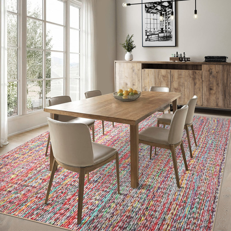 Modern Rug for Living Room 5x7 Non-Slip Printed Braided Throw Rug, Contemporary Solid Accent Carpet, Machine Washable Indoor Floor Cove for Bedroom, Kitchen, Office, Colorful