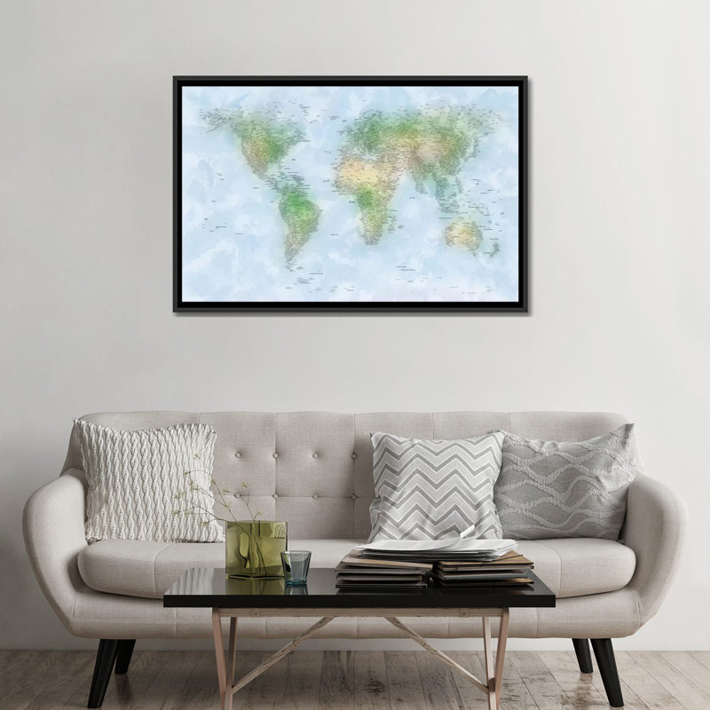 "carte du monde vi" par michael tompsett, impression sur toile, H 32 po x l 48 po x P 1,5 po, Toile avec cadre noir
