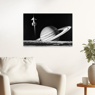 Fusée de l'espace des années 1960 survolant Saturne avec la surface d'une autre planète au premier plan, art mural rétro classique rétro