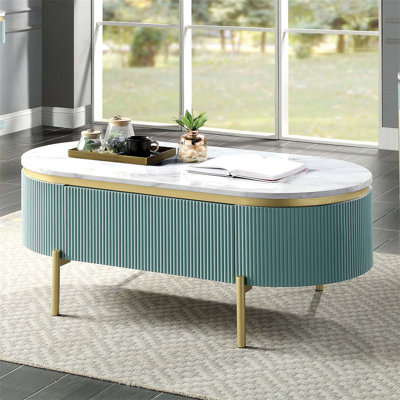 Table basse Glam sarcelle contemporaine avec plateau en faux marbre et tiroir dissimulé