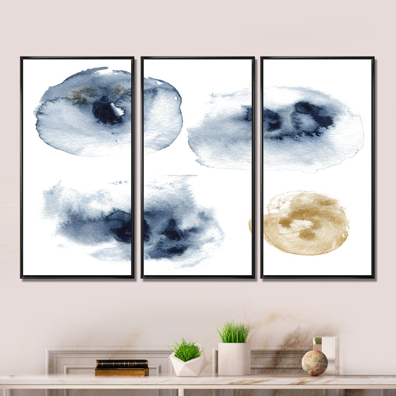 Abstrait bleu foncé et nuage doré - ensemble d'art mural moderne sur toile encadrée 3, H 28 po x l 36 po x P 1 po, Noir