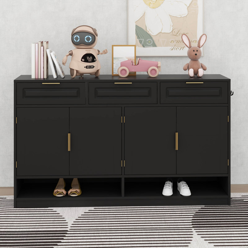 Buffet de style campagnard avec 3 tiroirs et 4 portes, tablette réglable et compartiments de présentation ouverts, Noir