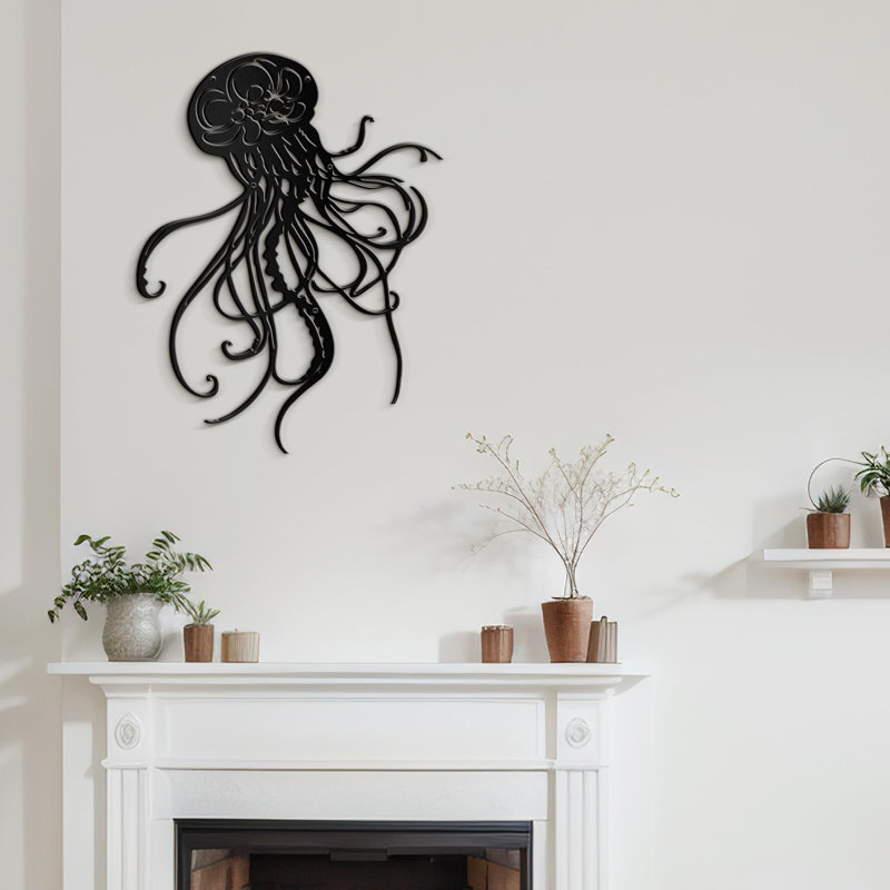 "Jellyfish" - Nautical Animals Iron Sculpture Metal Wall Art Modern Decor, Black, 30" H x 30" W x 0.05" D