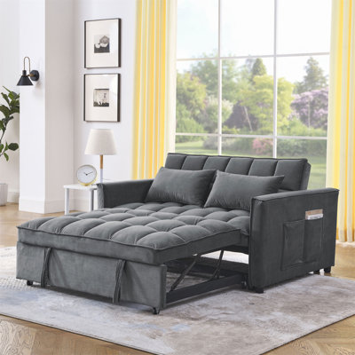 Canapé-lit, canapé convertible, fauteuil inclinable, lit, 3-en-1, dossier réglable à 3 positions, canapé modulaire à 2 places, 2 poches latérales, 2 coussins pour le salon, appartement, etc., velours beige de 54 po de largeur.