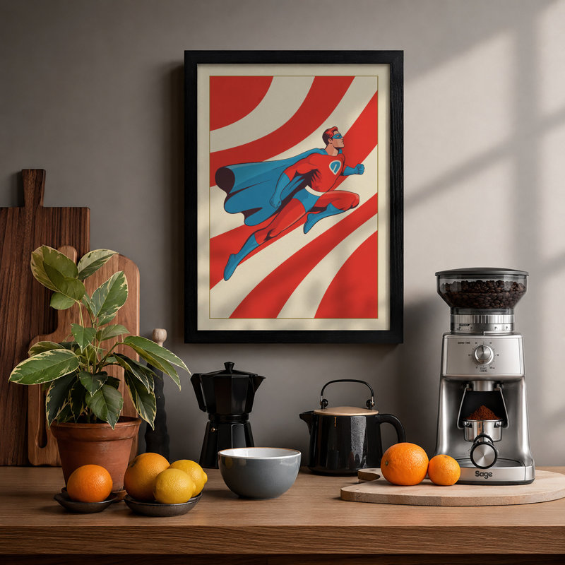 Flying Superhero Retro - Print, Black, A4 - 29.7 x 21.0 cm