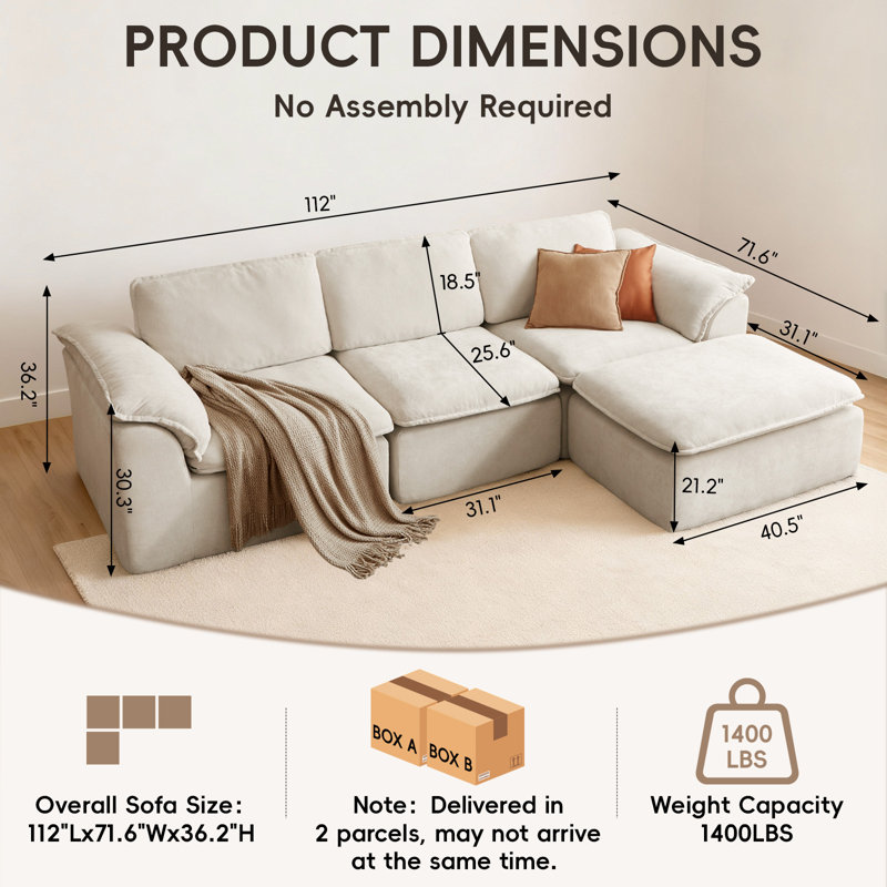 112" Boneless Sectional  Cloud Couch 4 Seat L Shaped Sofa With Moveable Ottoman &Ergonomic Headrest Support Chenille Cloud Sofa For Living Room,No Assembly Required