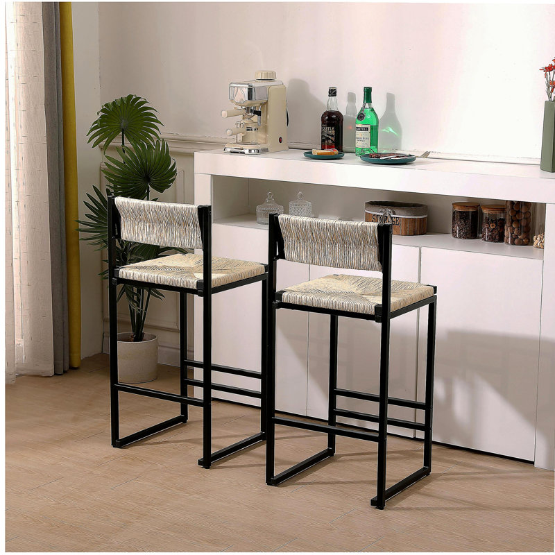 Cream white rope-woven bar stool, 2, with foot-operated chair (cream white)