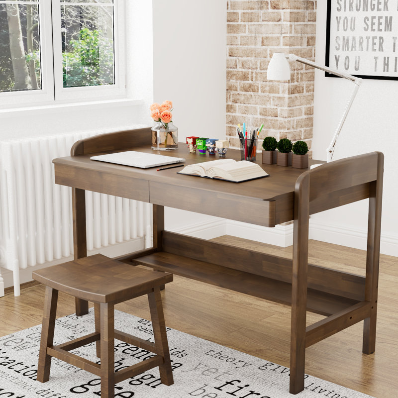 Solid Wood Desk with Drawers - Manual Adjustable Height Standing Computer Desk with Cable Hole, 31.7" H x 40.5'' W x 23.6'' D