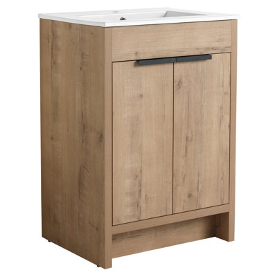 Armoire de salle de bain 24 po avec lavabo en céramique. Charnières à fermeture en douceur. Finition imitation chêne. Matériau en contreplaqué. Meuble-lavabo autoportant pour meuble-lavabo moderne. Longue. 2 portes. Contreplaqué.