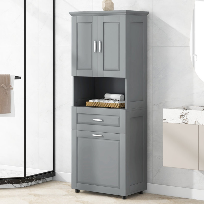 Armoire de salle de bain haute avec panier à linge et tiroir, Gris