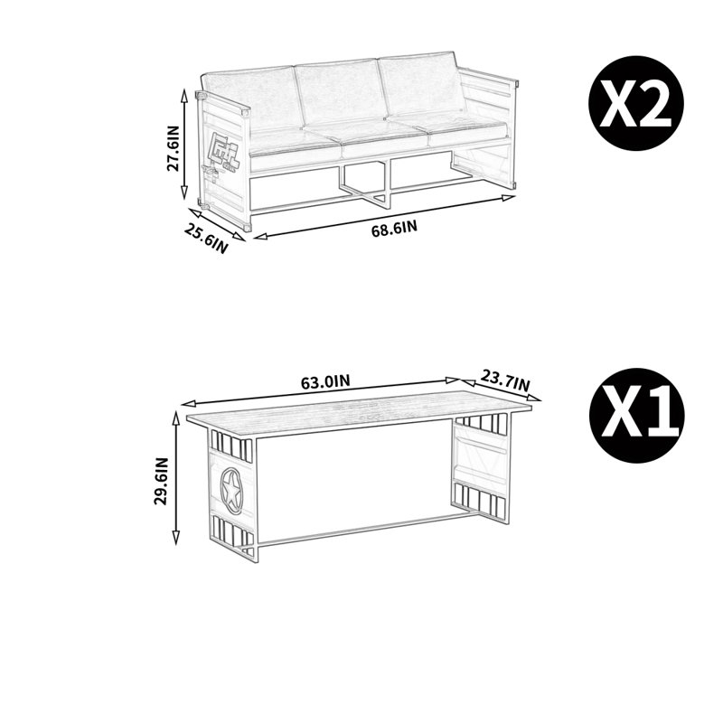 Ensemble de salle à manger l 23,7 po Kimika, Bleu, H 29,6 po x L 63 po x l 23,7 po