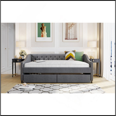 Upholstered Daybed With Two Drawers, Wood Slat Support, Beige, Full Size
