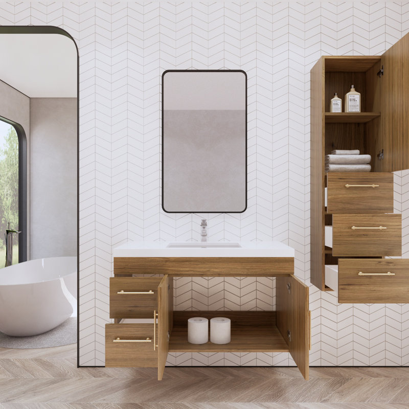 Dessens 42" Wall-Mounted Single Bathroom Vanity Set, Natural Oak