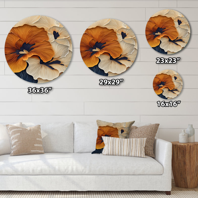 Beige Pansy Velvet - Modern Eclectic Large Round Wall Art, Beige Metal Wall Art, 36" H x 36" W