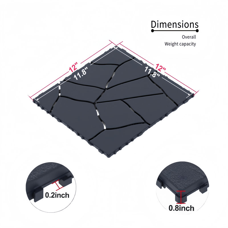 Carreau de terrasse en plastique de style pierre de 12 po x L 12 po, 44 pièces inclus, Gris foncé