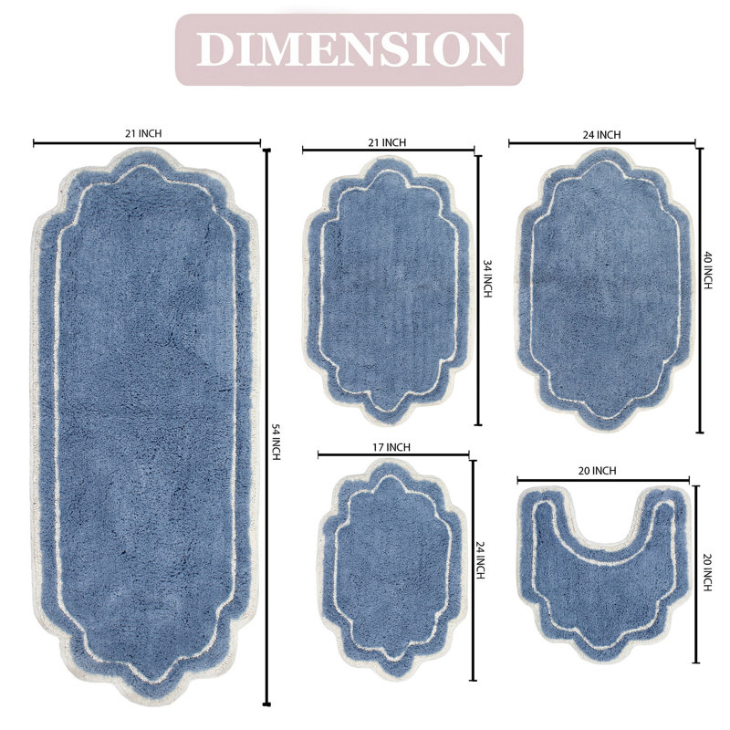 Allure 100 % Cotton Bath Rug - Machine Washable, Quick Dry, Absorbent - 5 Piece Set, Blue