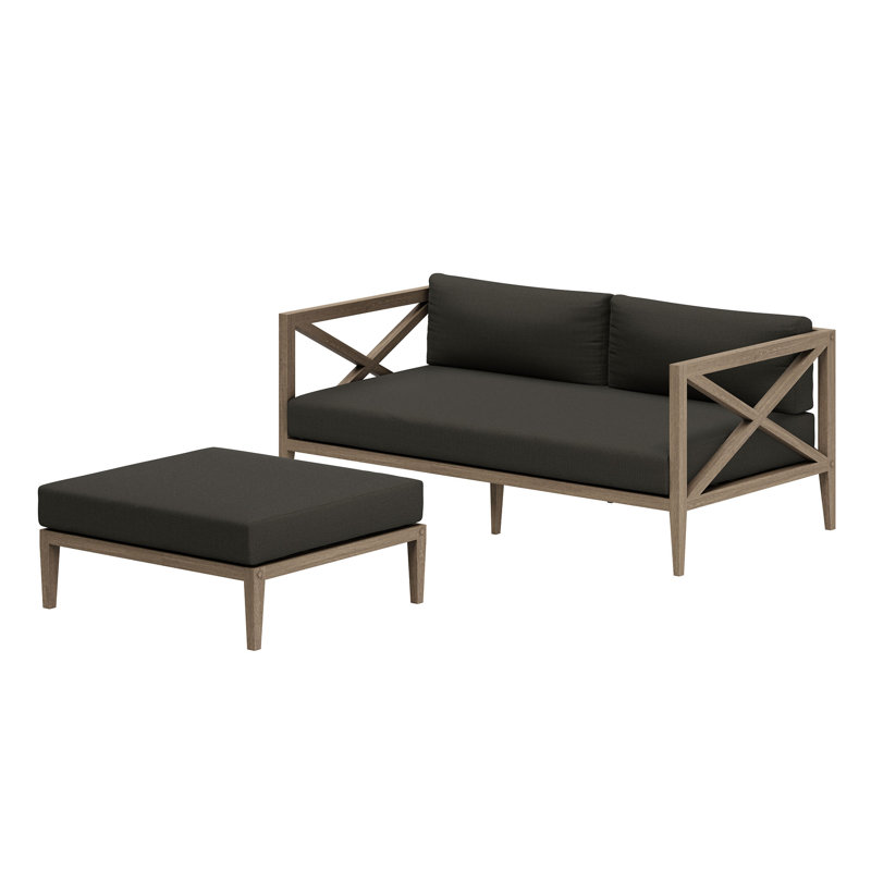 Northlake Outdoor Teak Wood Loveseat And Ottoman Set In Flint Gray, Gray