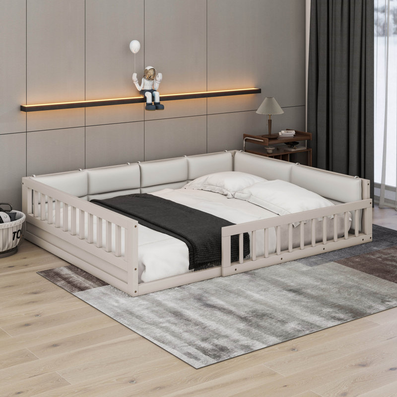 Wood Full Size Upholstered Platform Bed With Guardrail And Pillow, Beige