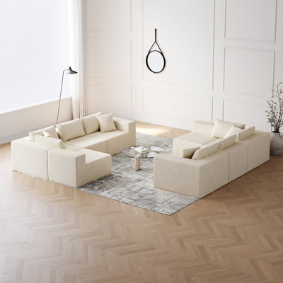 Wildon Home® Corduroy Modular L Shaped Sectional Sofa,Luxury Floor Couch Set,Upholstered Indoor Furniture,Foam-Filled Compressed Sofa For Living Room,Bedroom,8 PC