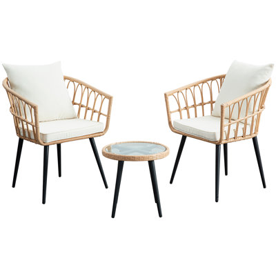 Ensemble bistro 3 pièces pour patio avec coussins et table d'appoint en osier pour balcon, porche et cour