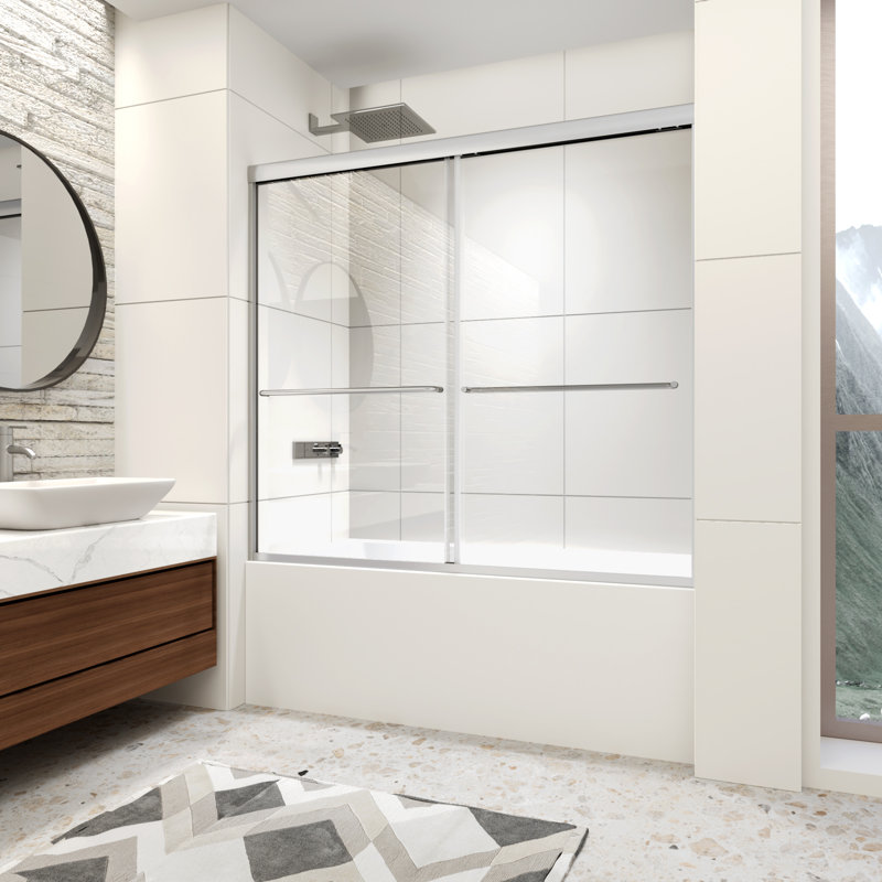 56-60" W x 58" H Semi-Frameless Bathtub Shower Door, Double Sliding Shower Door for Tub with 1/4" (6mm) Clear SGCC Tempered Glass, Chrome Finish Shower Doors, Reversible Installation