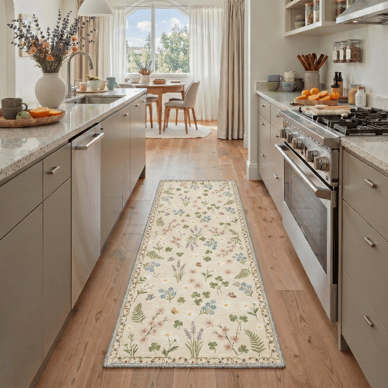Cogswell Floral Daisy Machine Washable Begie/Green/Blush Indoor Area Rug With Non-Slip Backing, Runner 2' x 7'